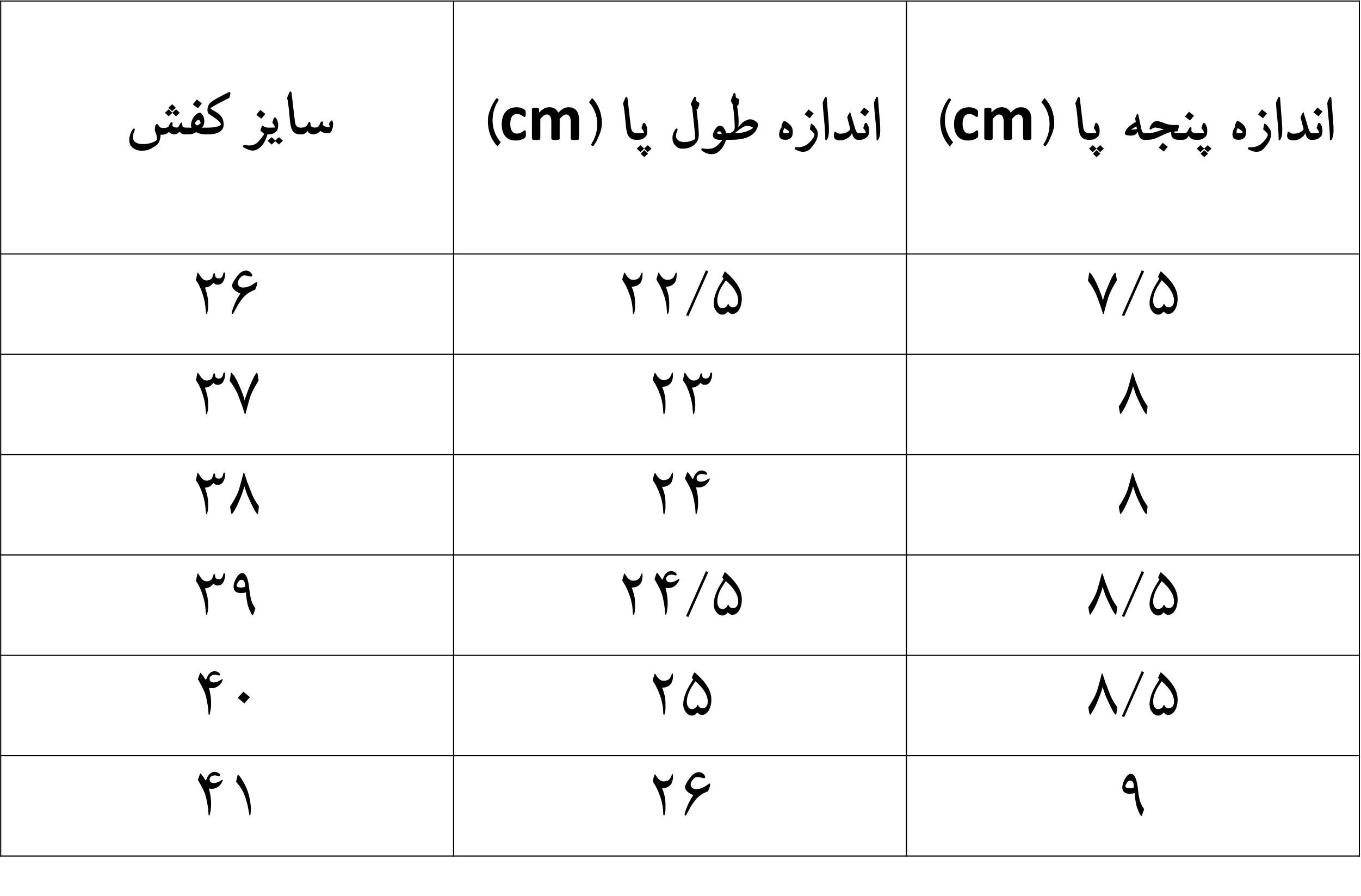 راهنمای تعیین سایز