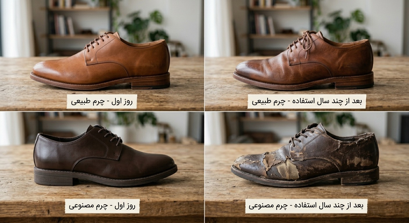 ظاهر چرم طبیعی و چرم مصنوعی پس از استفاده طولانی