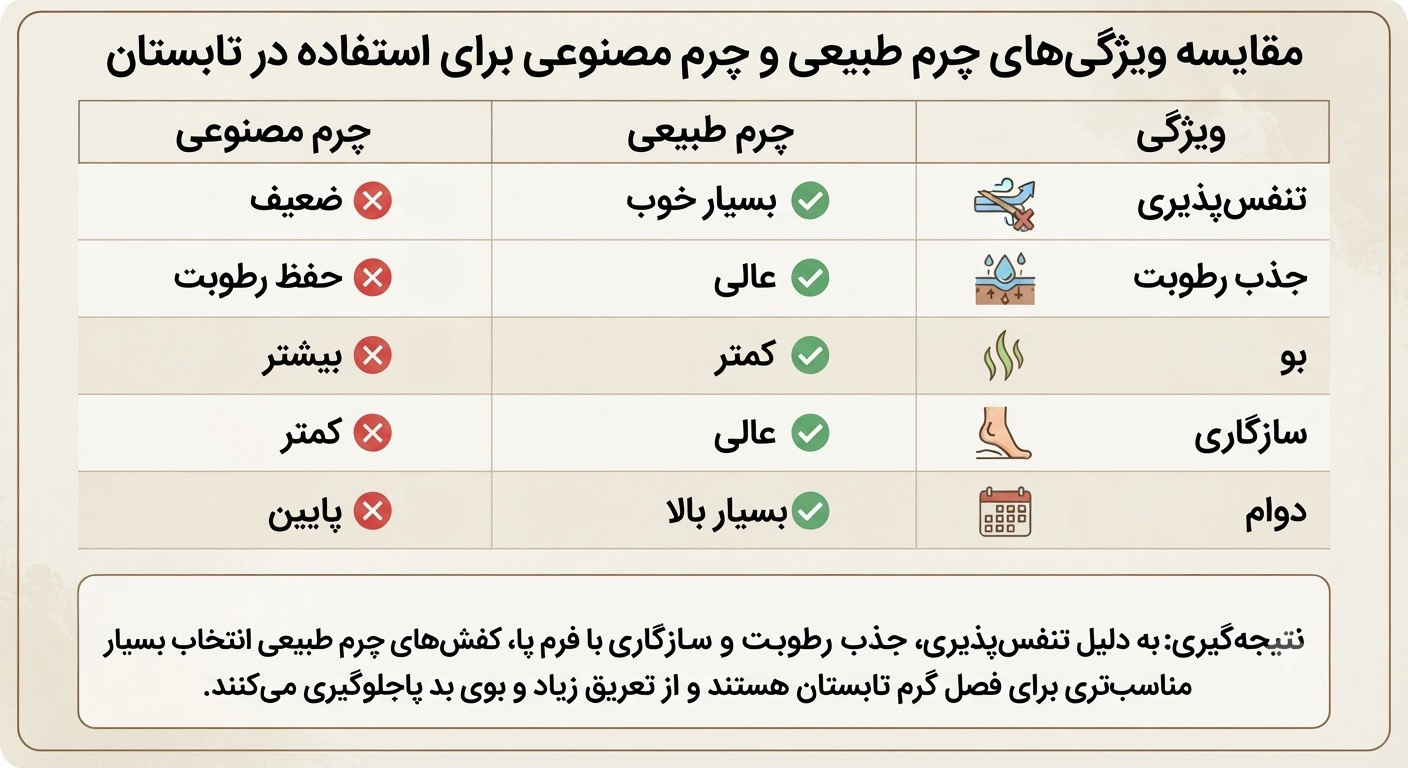 مقایسه چرم طبیعی و چرم مصنوعی برای استفاده از کفش در تابستان 